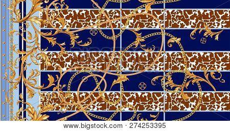 Baroque Seamless Pattern With Golden Chains And Stucco. Vector Patch For Scarfs, Print, Fabric.