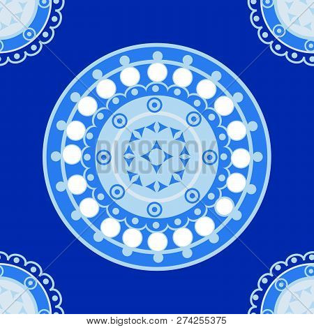 Seamless Blue Pattern For Ceramic, Porcelain, Chinaware Design With Round Ornament