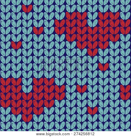 Simple Seamless Knitted Hearts Jn Blue Background Pattern