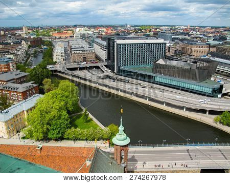Stockholm Sweden. The View From The Observation Deck Of A Modern City And Road Junctions