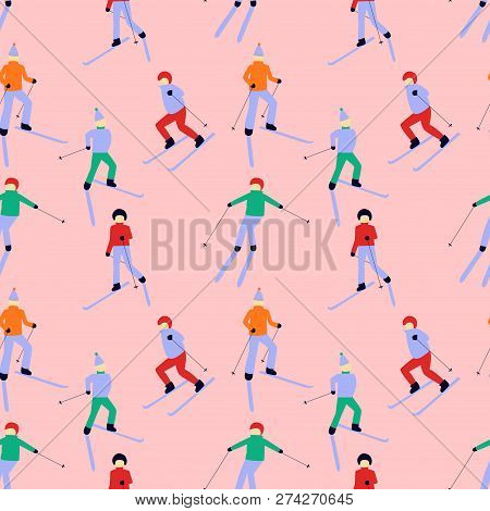 Seamless Pattern With Skiing People. Winter Sport Games. Art Can Be Used For Christmas And Holiday P