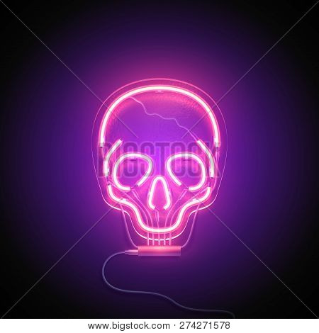 Neon Sign. Retro Neon Skull Signboard On Purple Background. Design Element. Ready For Your Design. V