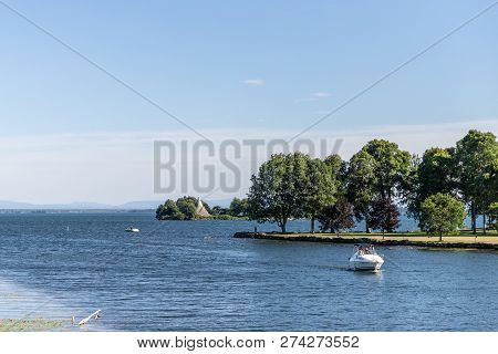 South Lancaster, Ontario - July 22, 2018 - Horizontal Of A Motor Boat Crusing Into A Small Inlet Fro