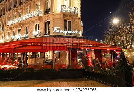 Paris France-december 12, 2018 : The Restaurant Fouquets Decorated For Christmas. It Located At Aven