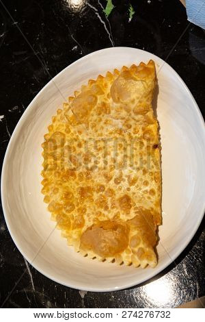 Traditional Tatar Dish, Chebureki. Puff Pastry Pie With Meat Filling.