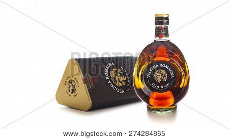 Chisinau, Moldova - December 15, 2018: Brandy Vecchia Romagna. Made In Italy. Brandy Aged In Oak Bar
