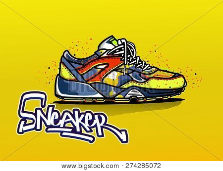 Illustration Of Sneaker In Color. Sport Shoes. Shoes For Running. Icon. Lettering Logo. Vector Eps 1