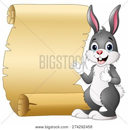 Vector Illustration Of Cartoon Rabbit And Scroll Paper