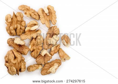 Peelled Walnuts Isolated On White Background With Copy Space For Your Text. Top View. Flat Lay