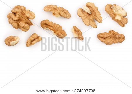 Peelled Walnuts Isolated On White Background With Copy Space For Your Text. Top View. Flat Lay