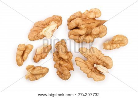 Peelled Walnuts Isolated On White Background. Top View. Flat Lay