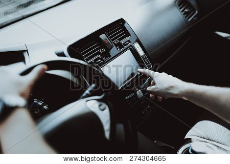 Tesla Car Interior. Behind The Wheel Concept. Innovation Technology. New Generation Electro Hybrid V