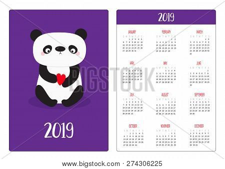 Cute Pand Bear Animal. Simple Pocket Calendar Layout 2019 New Year. Week Starts Sunday. Vertical Ori