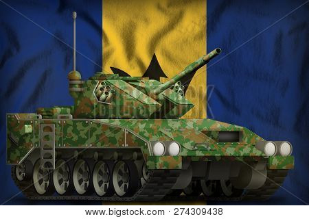 Light Tank Apc With Summer Camouflage On The Barbados Flag Background. 3d Illustration