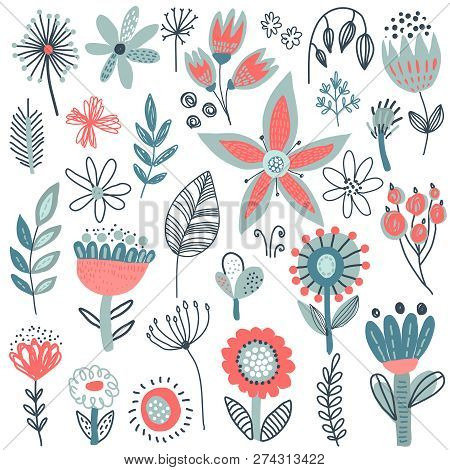 Vector Collection Of Fancy Flowers. Scandinavian Motives.