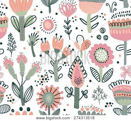 Vector Seamless Pattern With Fancy Flowers. Scandinavian Motives.