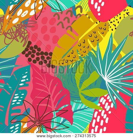 Vector Seamless Pattern With Tropical Plants And Hand Drawn Abstract Textures