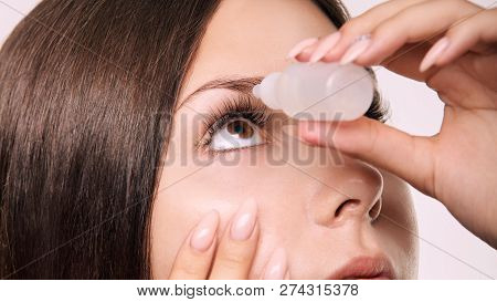 Woman Apply Eye Drops. Girl Glaucoma Treatment.