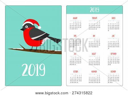 Cute Bulfinch Bird In Santa Red Hat. Tree Branch. Simple Pocket Calendar Layout 2019 New Year. Week 