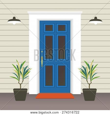 House Door Front With Doorstep And Mat, Window, Lamp, Flowers, Building Entry Facade, Exterior Entra