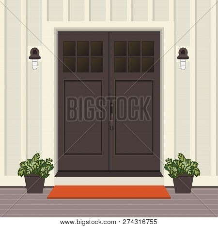 House Door Front With Doorstep And Mat, Window, Lamp, Flowers, Building Entry Facade, Exterior Entra