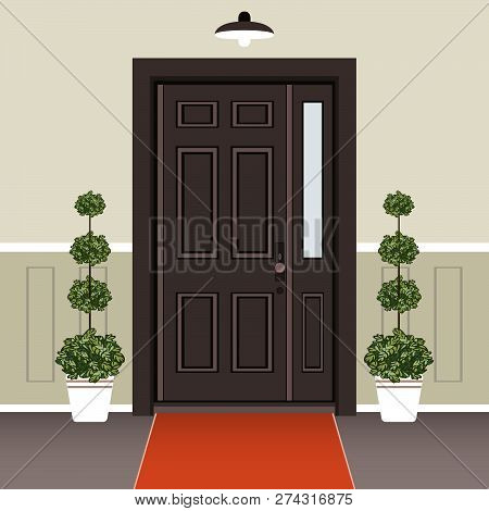 House Door Front With Doorstep And Mat, Window, Lamp, Flowers, Building Entry Facade, Exterior Entra