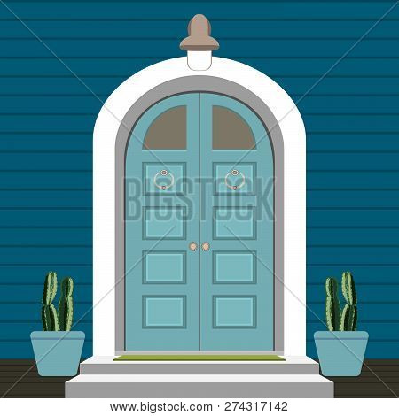 House Door Front With Doorstep And Mat, Steps, Window, Lamp, Flowers, Building Entry Facade, Exterio