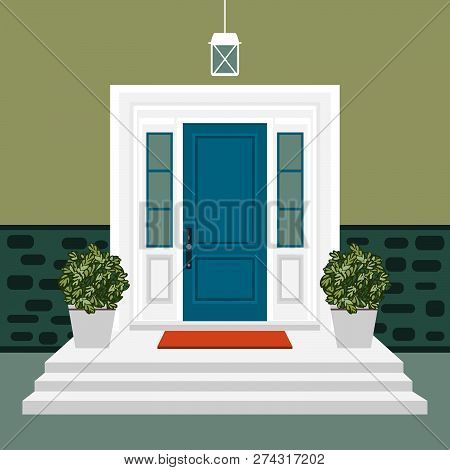 House Door Front With Doorstep And Mat, Steps, Window, Lamp, Flowers, Building Entry Facade, Exterio