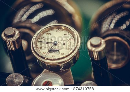 Close Up Shot With The Speedometer Of A Vintage Motorcycle.