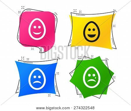 Eggs Happy And Sad Faces Icons. Crying Smiley With Tear Symbols. Tradition Easter Pasch Signs. Geome