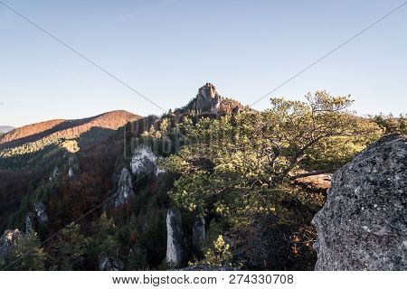 Sulovske Skaly Mountains In Slovakia With Rocks, Colorful Forest And Clear Sky During Autumn Morning