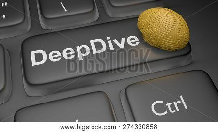 Deepdive 3d Render Illustration With Ai Brain And Title On Keyboard