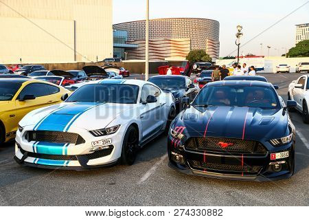 Dubai, Uae - November 15, 2018: Muscle Cars Ford Mustang Take Part In The Annual Gulf Car Festival.