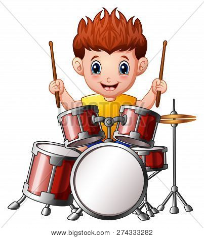 Vector Illustration Of Cartoon Boy Playing A Drums