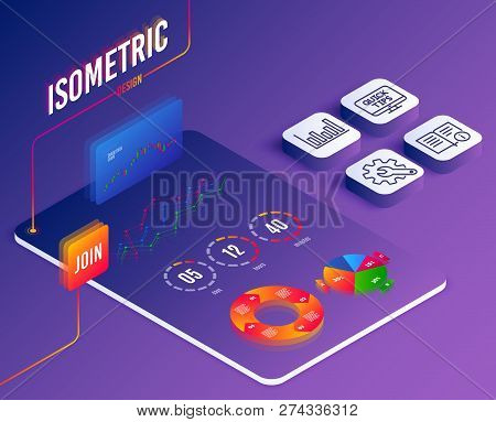 Isometric Vector. Set Of Column Chart, Technical Info And Web Tutorials Icons. Customisation Sign. F