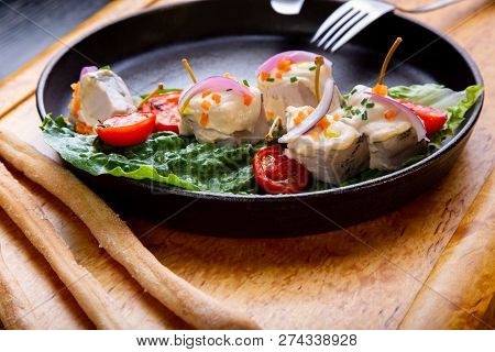 Delicious Restaurant Dish Vitello Tonato In Restaurant Background. Healthy Exclusive Food On Big Bla