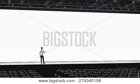 Presentation Hall With Person On Scene Auditorium Blank Screen Mockup