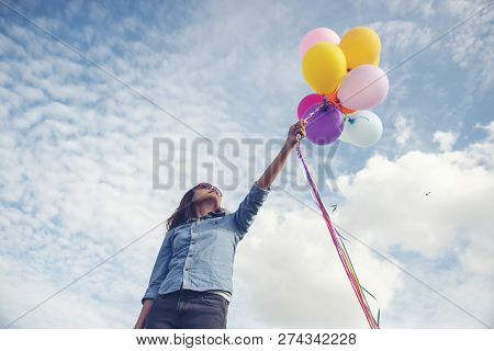 Freedom Hand,let It Go And Release Concept.birthday Balloon Holding By Happy Beautiful Women In Summ