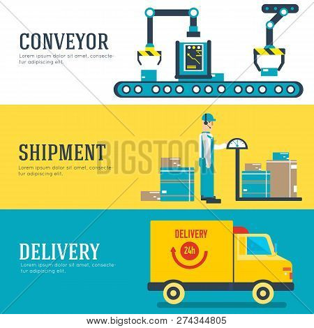 Warehouse Staff Moves Cargo, Boxes, Packages And Parcels. Business Delivery Service Vector Illustrat