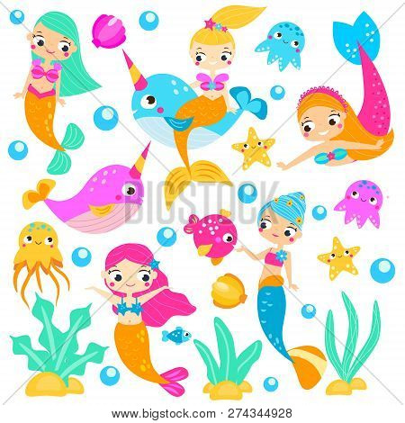 Cute Mermaids. Cartoon Mermaid, Narwhals, Fishes And Other Underwater Characters. Stickers, Clip Art
