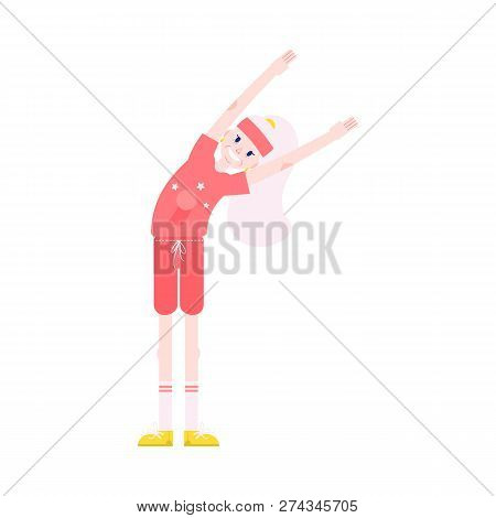 Vector Illustration Of Grandmother Making Torso Bending Sideways With Hands Up In Flat Style.