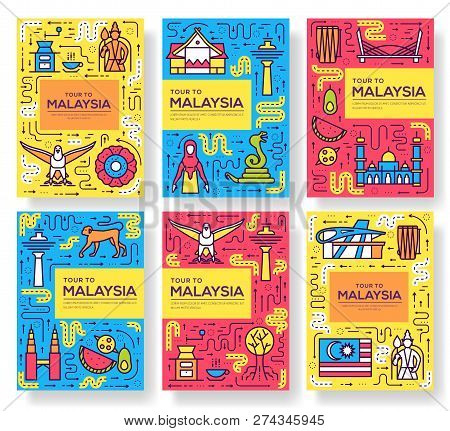 Country Malaysia Travel Vector Brochure Cards Thin Line. Architecture Template Of Flyer, Magazines, 
