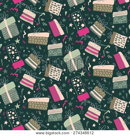 Vector Seamless Pattern With Fireworks, Confetti, Gift Boxes.