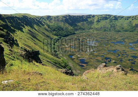 Huge Crater Lake Of Rano Kau Volcano View From Orongo Ceremonial Village On Easter Island Of Chile