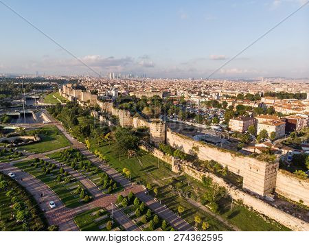 Aerial Drone View Of Ancient Constantinople's Walls In Istanbul / Byzantine Constantinople Entrance 
