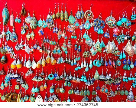 Earrings Blue On A Display Stand, Nepal
