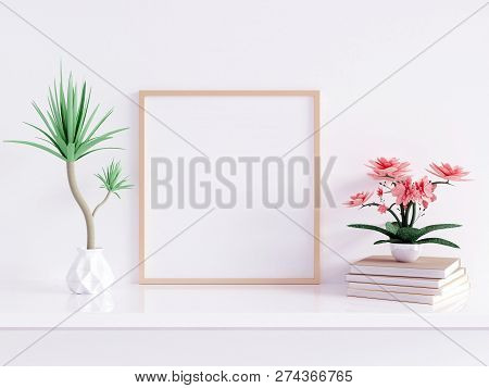 Home Interior Poster Mock Up With Square Metal Frame And Plants In Pots On White Wall Background. 3d
