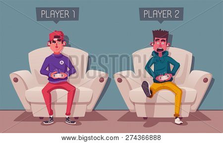 Friends Is Gaming. Gamers Playing Video Game. Cartoon Vector Illustration