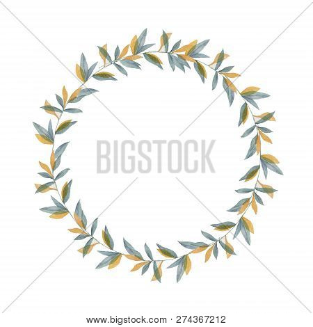 Watercolor Yellow And Green Leaves Wreath. Hand Drawn Illustration. Clip Art Branch For Celebration,