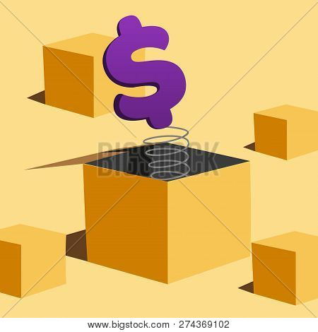Promotion Vector Illustration With Box Spring Jumping Dollar Surprise Flat